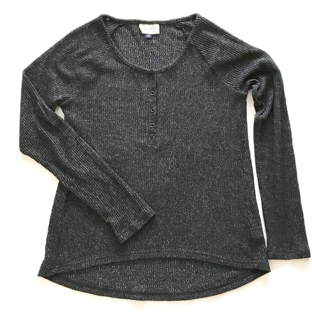 Universal Thread Heather Black Gray Ribbed Chenille Henley Knit Top Sz XS